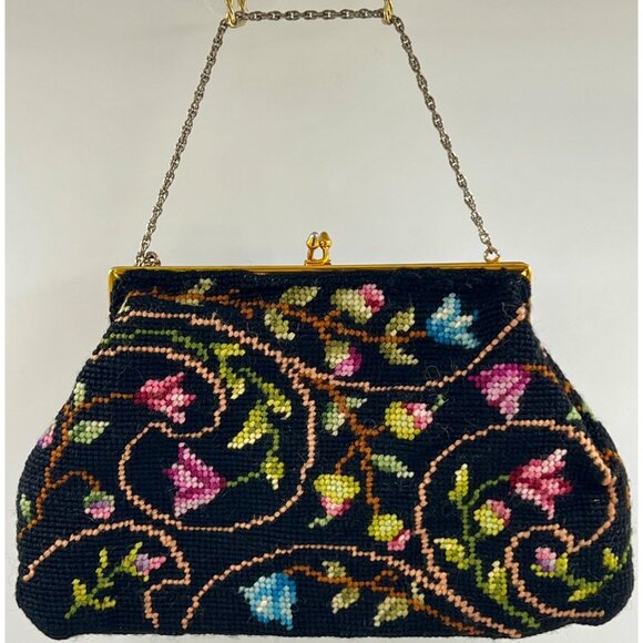 VINTAGE Handbags - VTG 1960s Crewel Handbag/Purse/Needlepoint/X-Stitch/Embroidered Black w-Flowers